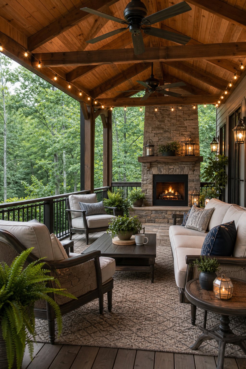 A covered back porch with comfortable seating, plants, and soft lighting surrounded by greenery.