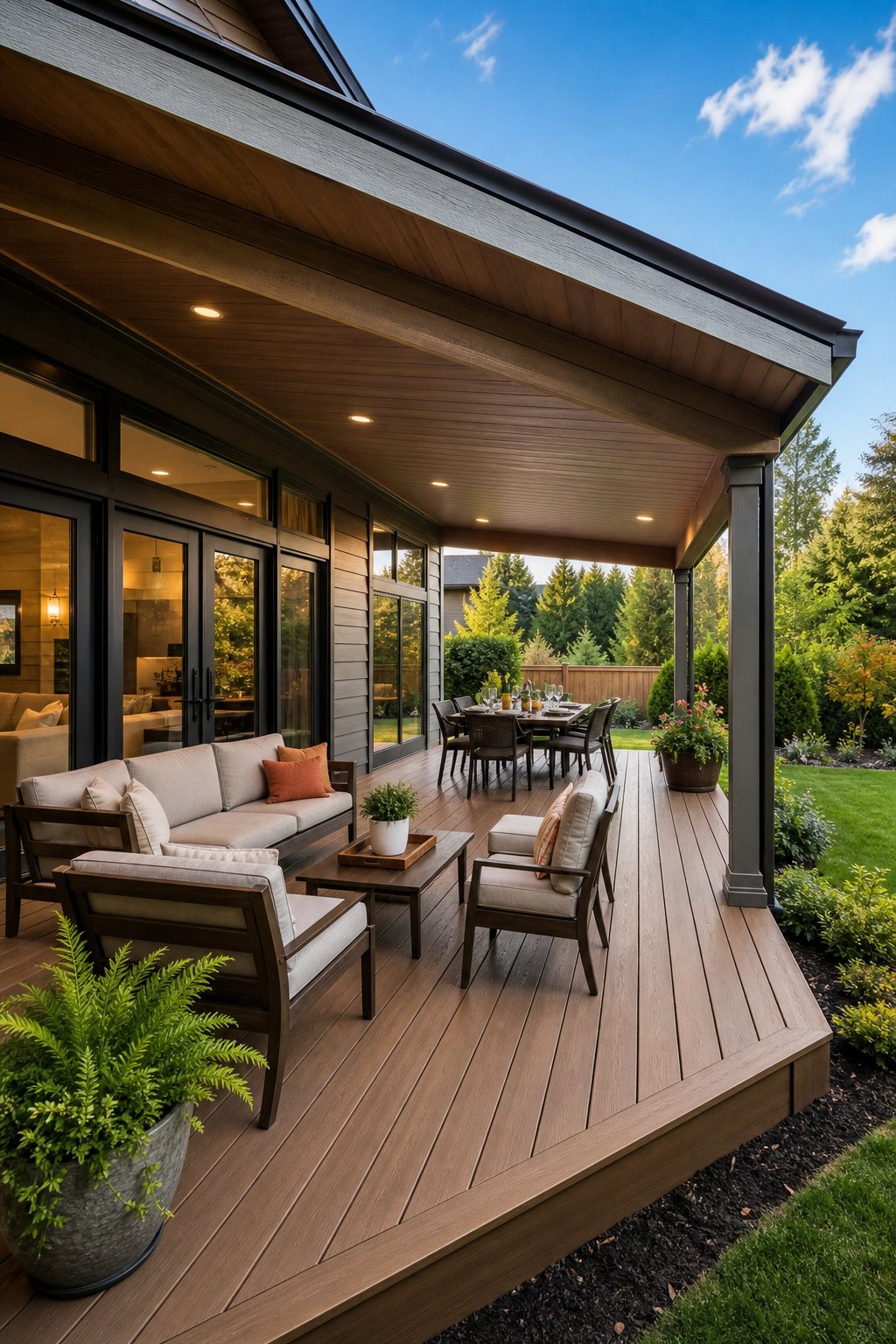 Outdoor deck with an extended roofline cover matching the house, furnished with seating and dining area, overlooking a garden.