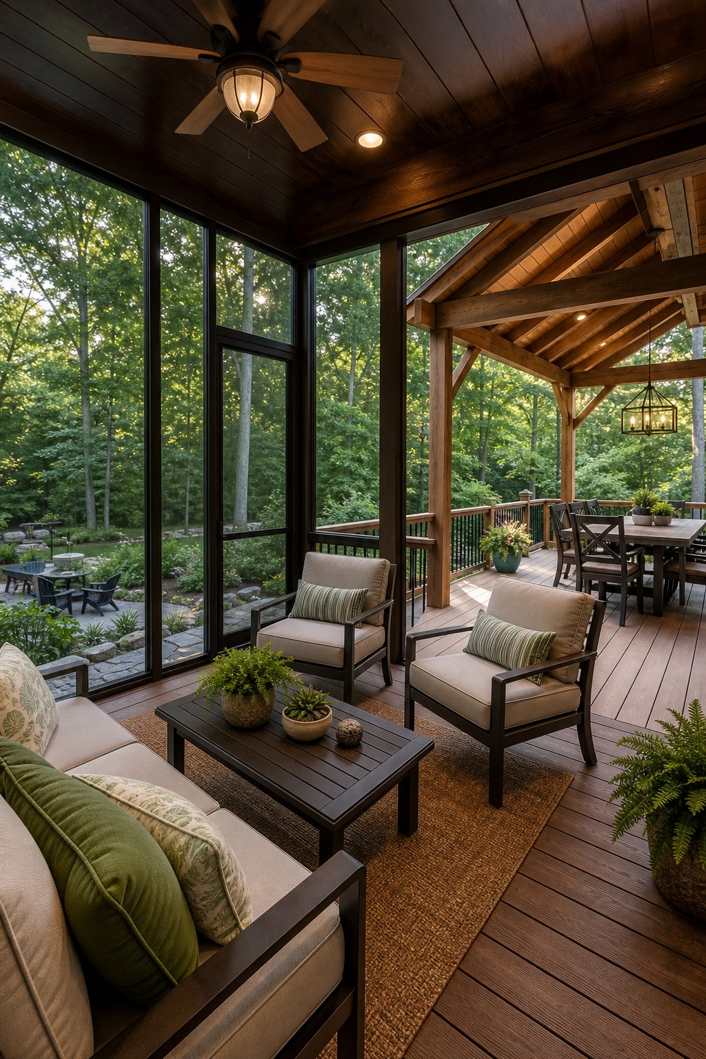 A screened porch connected to an open covered deck with outdoor furniture, surrounded by trees and greenery.