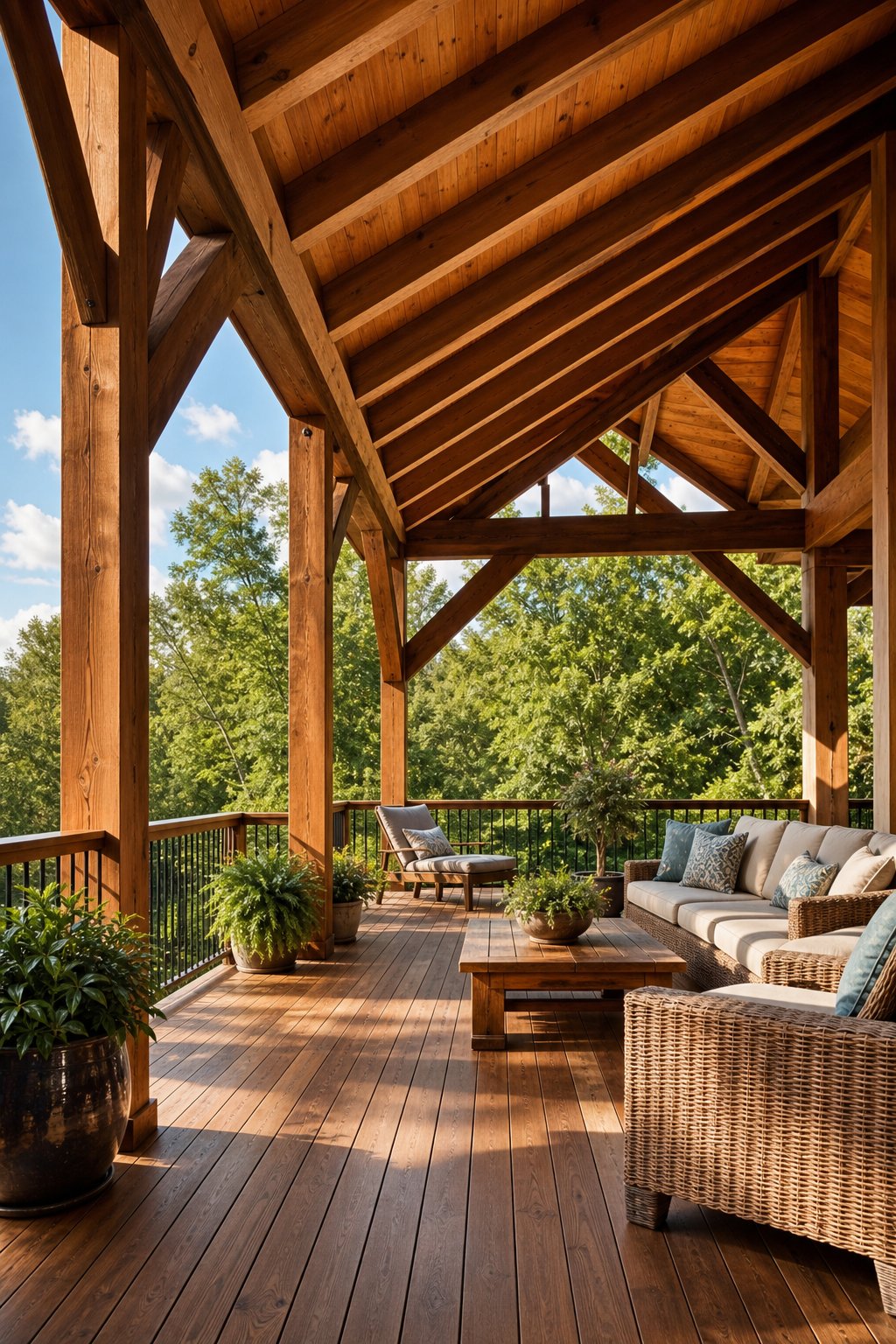 A timber frame gable roof deck with exposed wooden rafters, outdoor furniture, and surrounding greenery on a clear day.