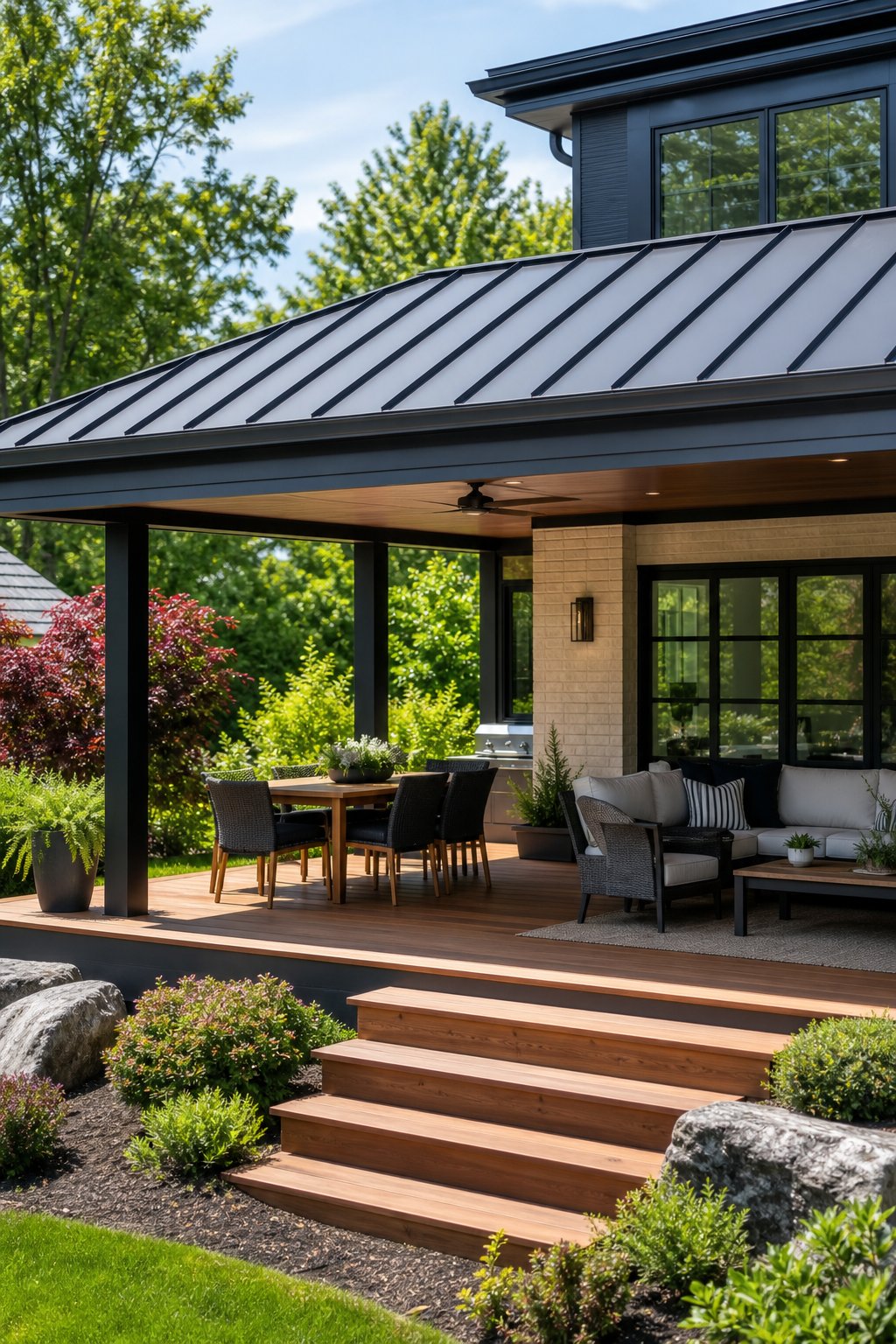 A modern backyard deck with a standing seam metal roof, wooden flooring, outdoor furniture, and surrounding greenery.