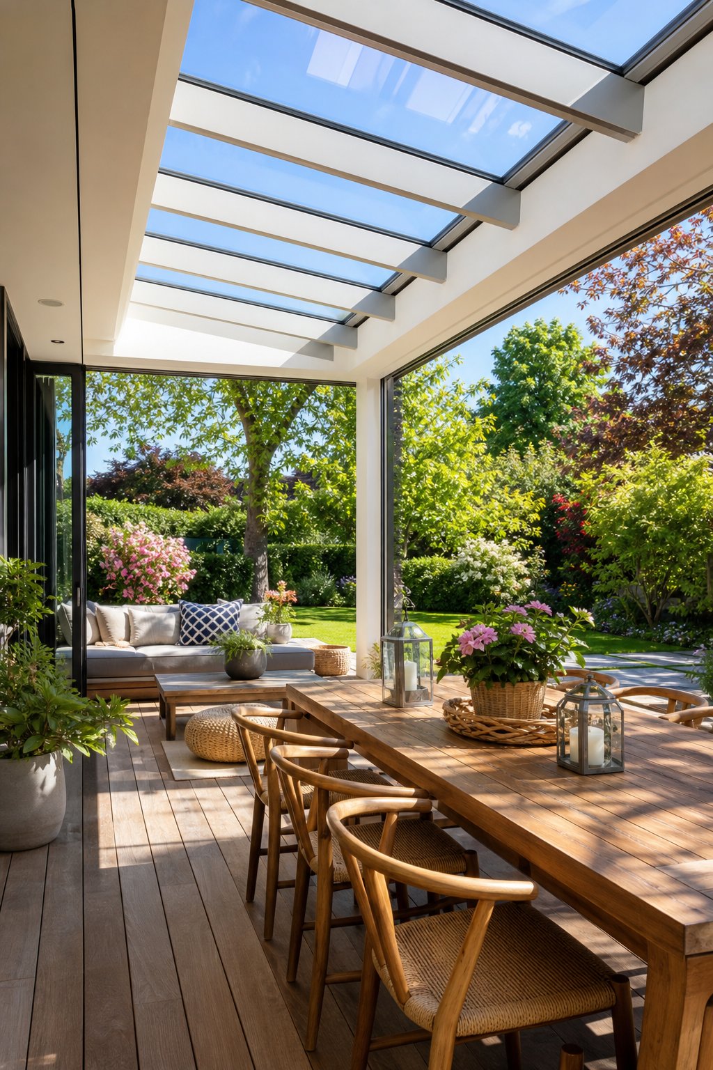 A bright garden-facing deck with a skylight roof extension, outdoor furniture, and lush greenery in the background.