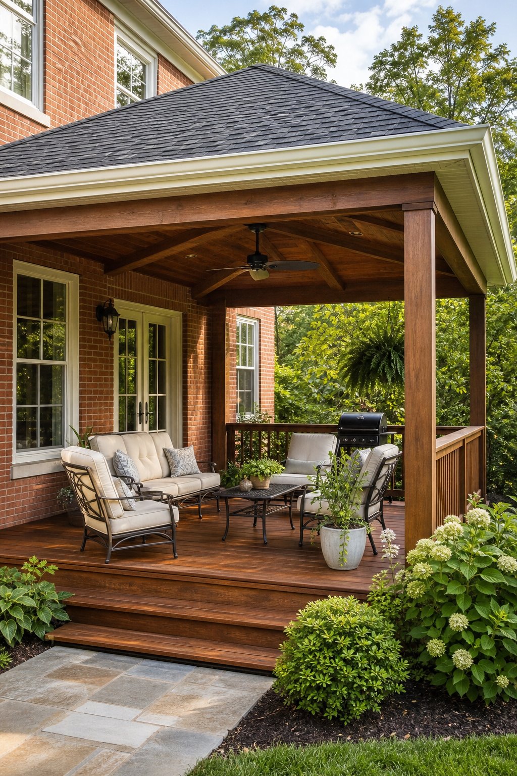 Outdoor wooden deck with a hip roof attached to a brick house, furnished with chairs and surrounded by plants.