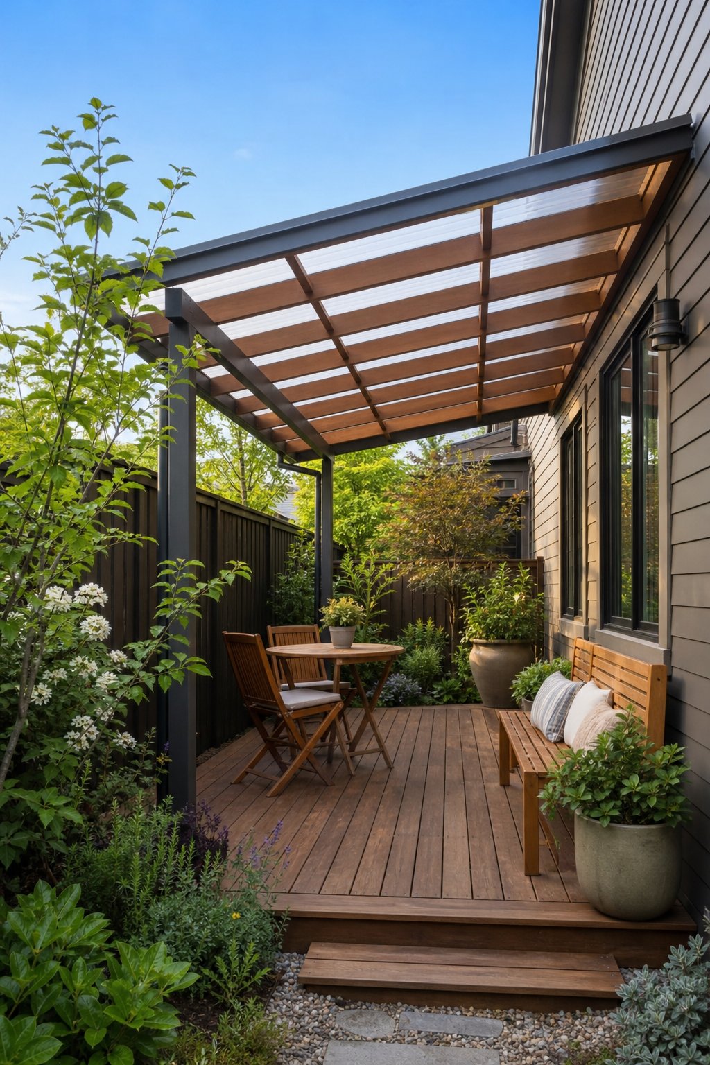 A narrow garden deck with a wooden shed roof cover surrounded by green plants and outdoor furniture.