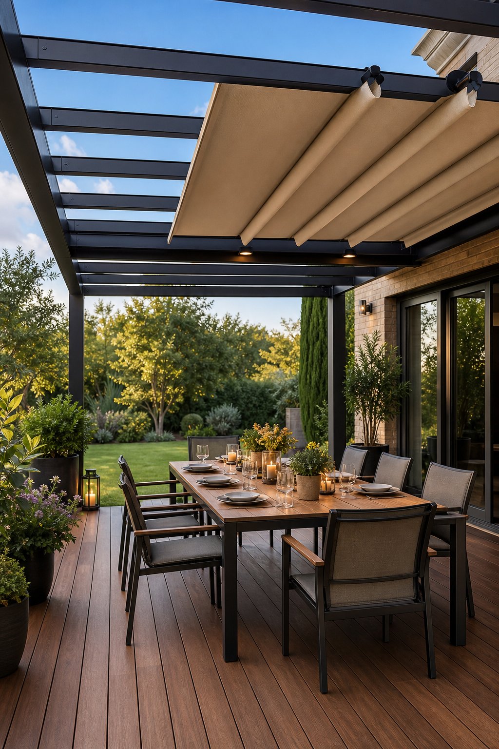 Outdoor dining deck with a pergola roof and partially extended retractable canopy over a wooden table and chairs surrounded by greenery.