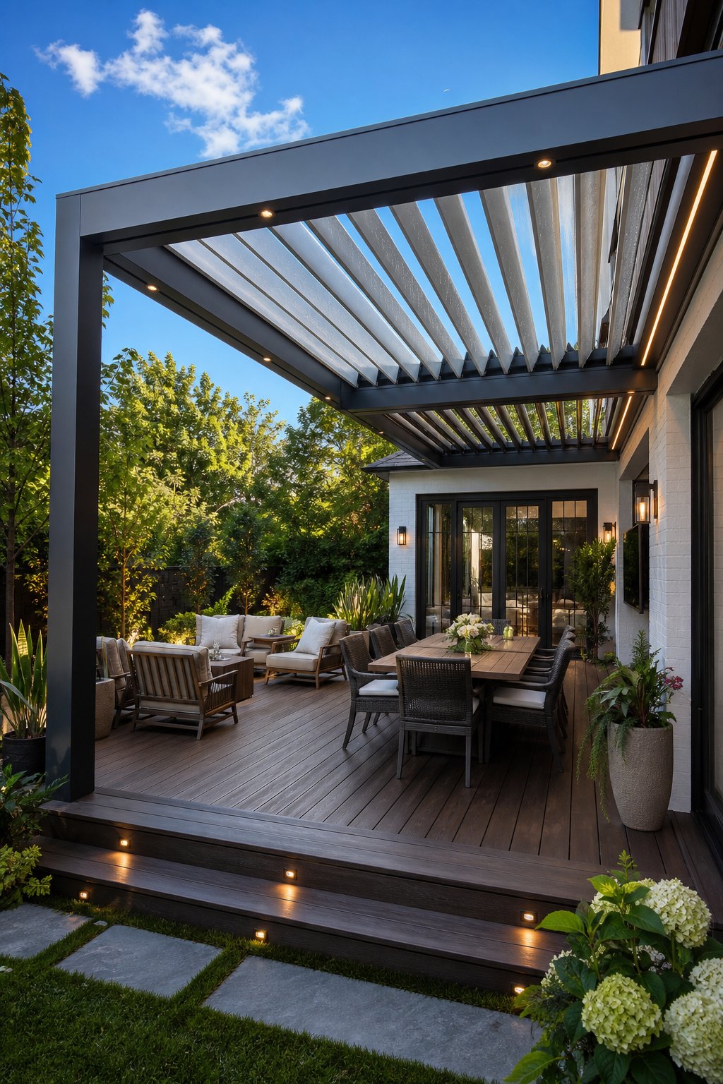 A 17-foot outdoor deck with a partially open louvered roof, comfortable seating, and surrounding greenery under a clear blue sky.