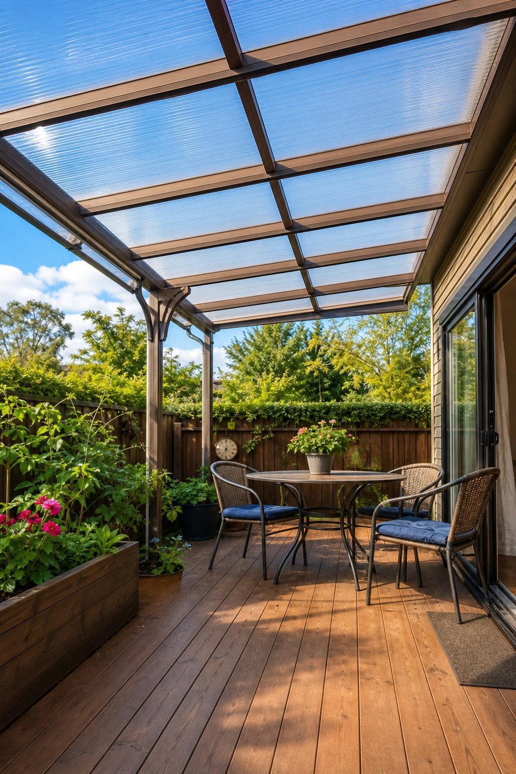 Backyard deck with wooden flooring and a transparent polycarbonate roof, furnished with a table and chairs, surrounded by plants and a garden fence.