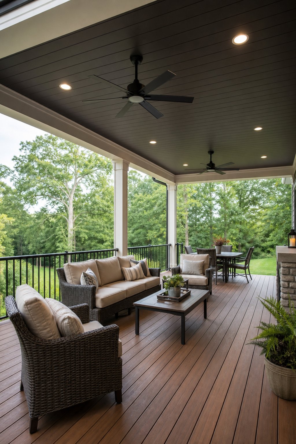 Covered outdoor deck with ceiling fans, recessed lighting, seating, and greenery around.