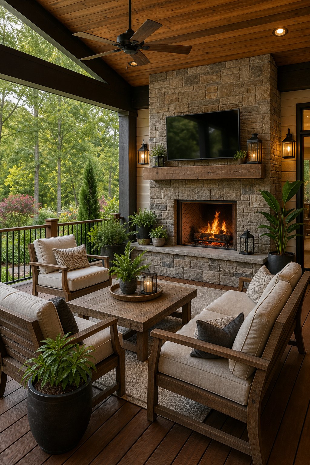 Outdoor covered deck with a stone fireplace, seating area, and plants under a roof in a backyard.