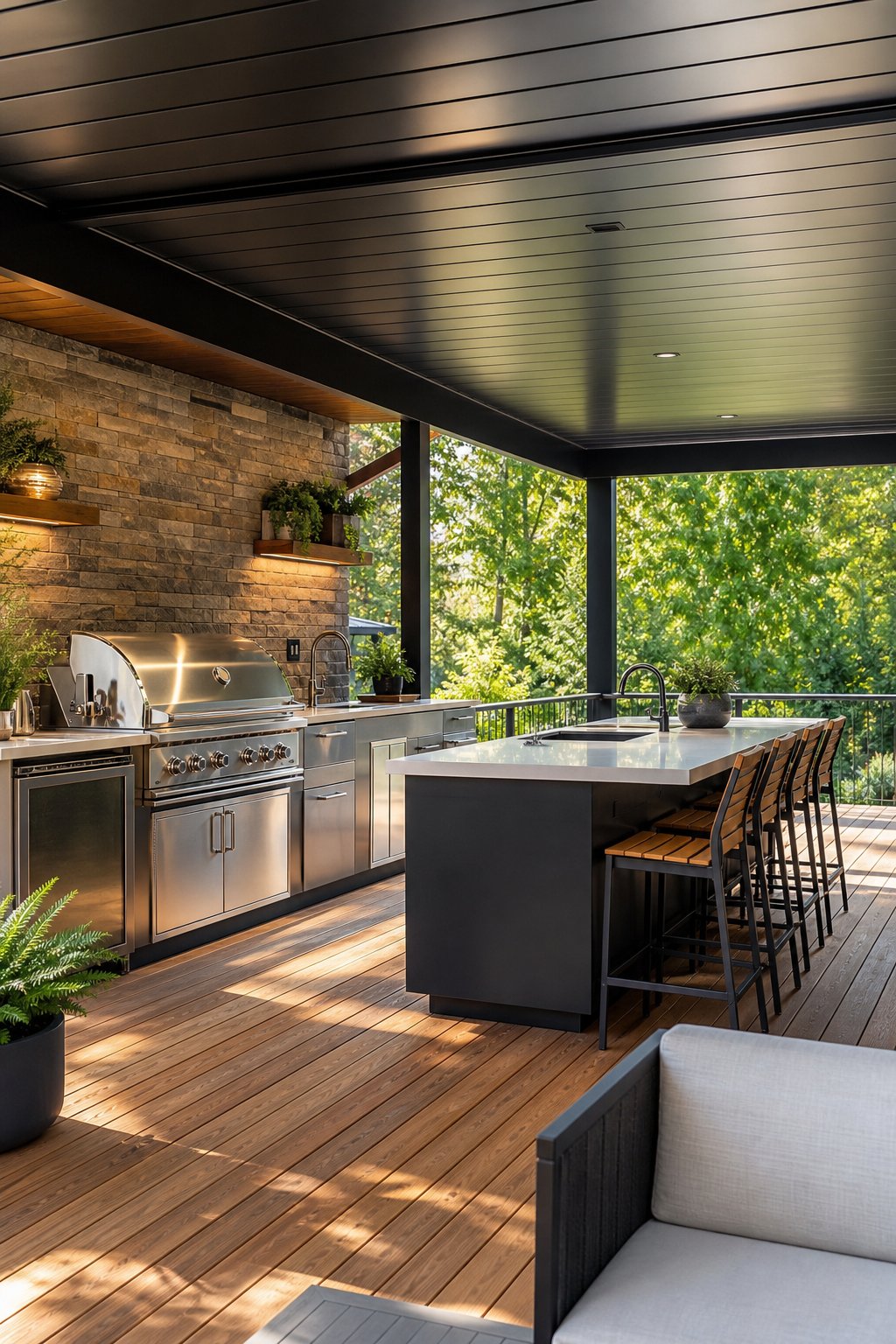 Outdoor kitchen deck with stainless steel appliances under a metal roof surrounded by greenery.