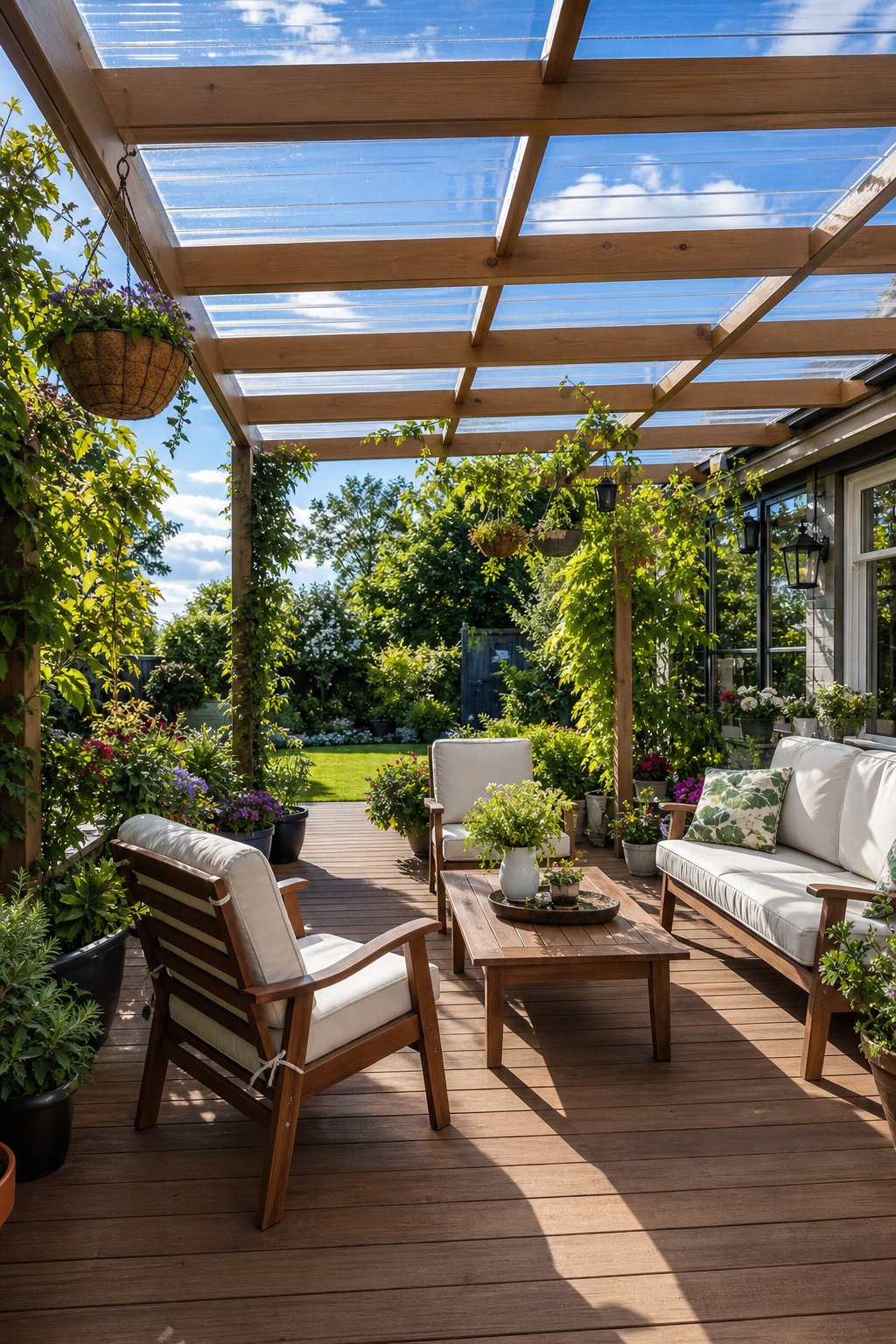 A wooden garden deck with a clear roof surrounded by green plants and outdoor furniture.