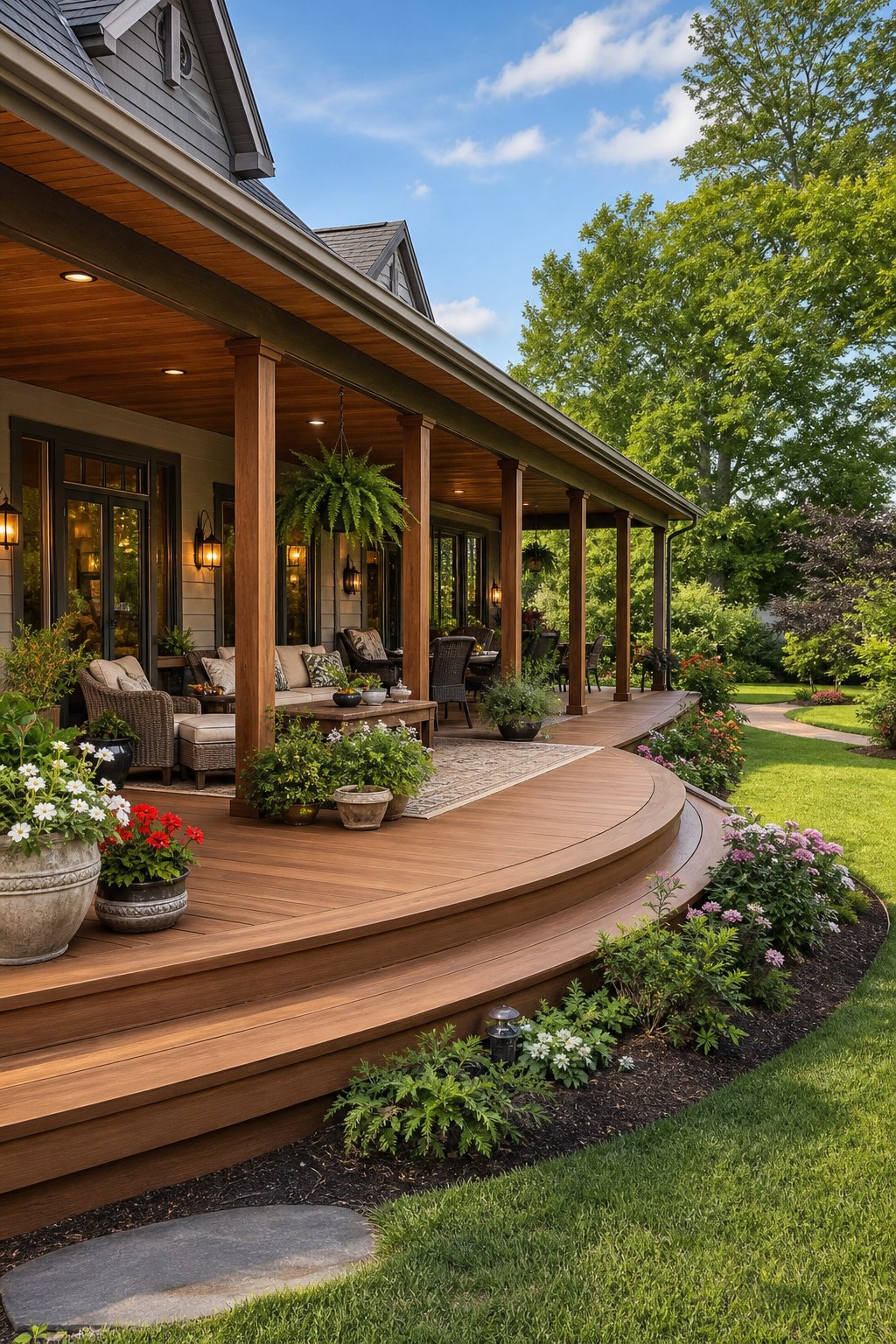 Front yard with a large wraparound wooden deck and a matching porch roof surrounded by green grass and plants.