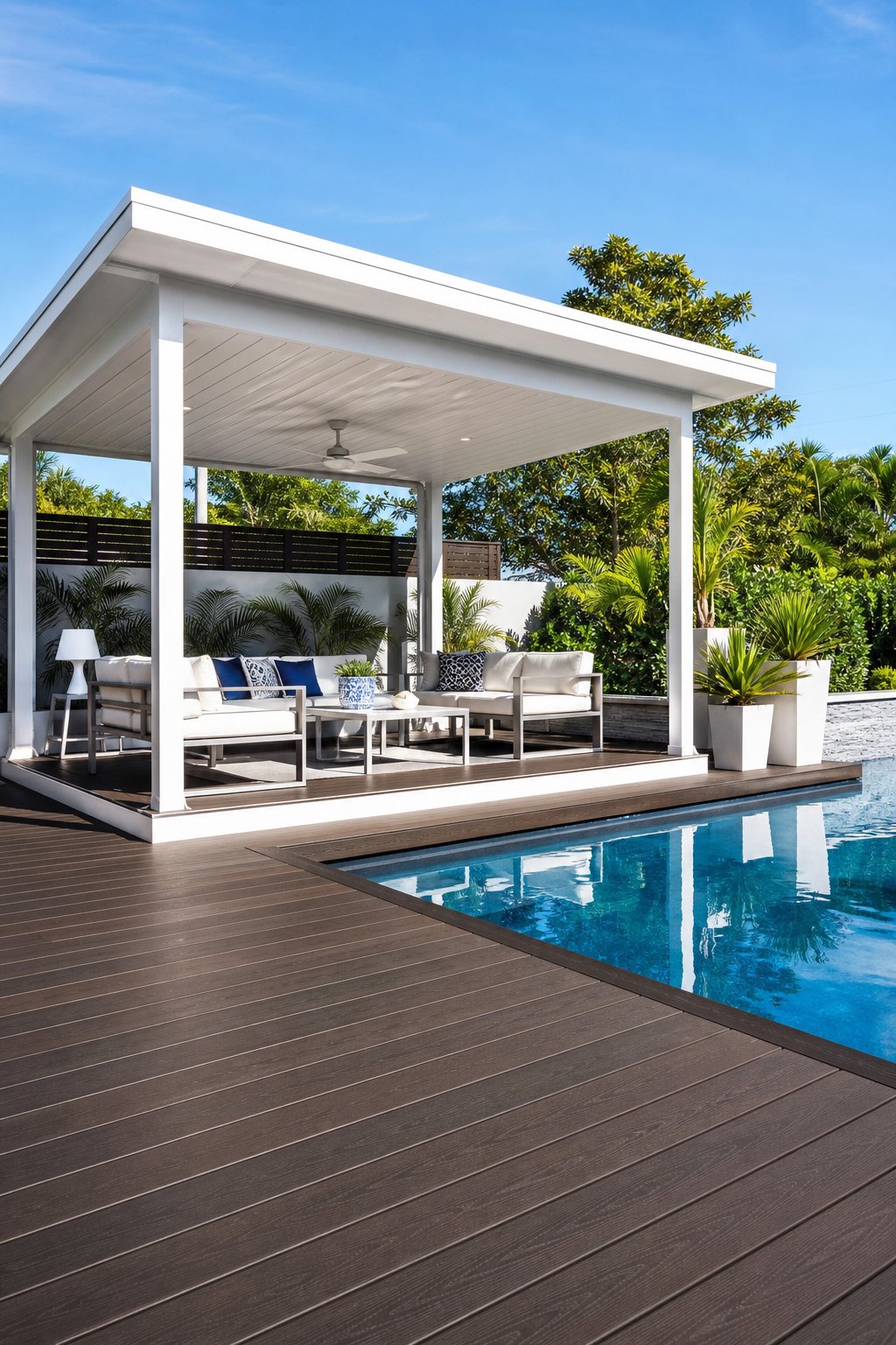 A poolside composite deck with a white pavilion roof, outdoor furniture, and a clear swimming pool surrounded by plants.