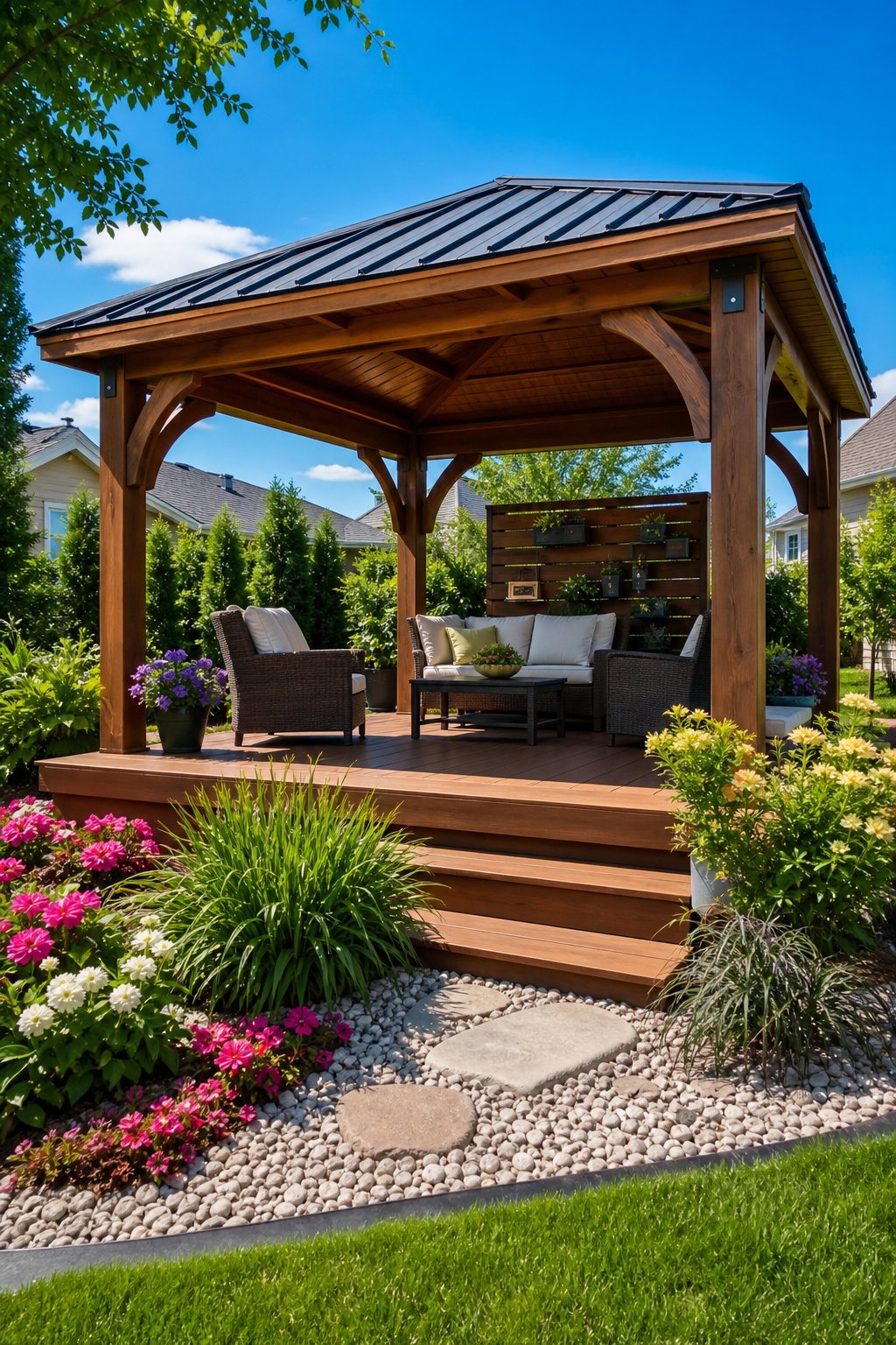 A backyard deck pavilion with a roof next to a garden filled with plants and flowers.