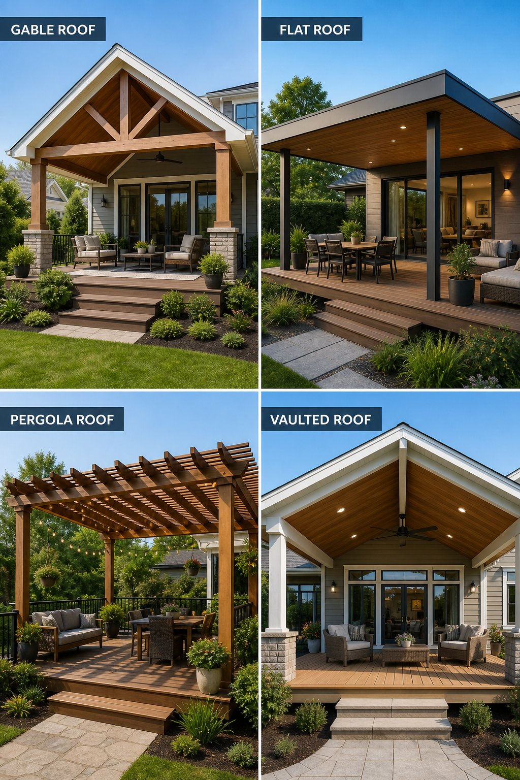 Outdoor decks attached to houses with different roof designs, surrounded by plants and outdoor furniture.