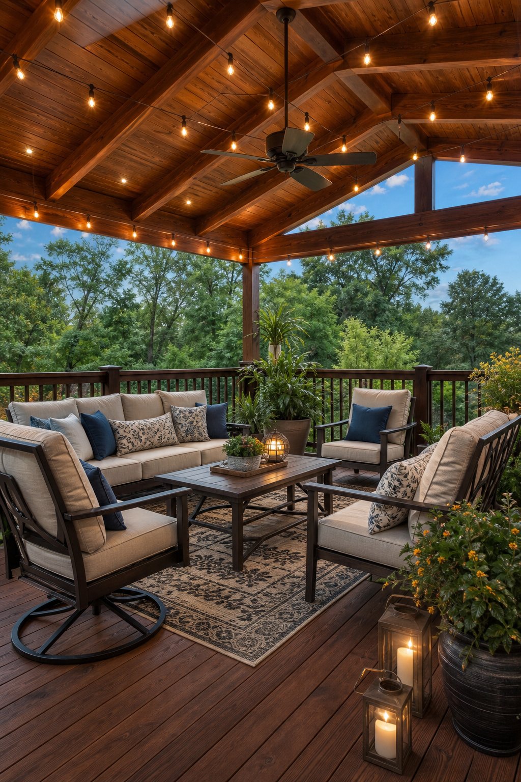 A covered wooden deck with outdoor furniture, ambient lighting, plants, and a ceiling fan under a roof surrounded by greenery.