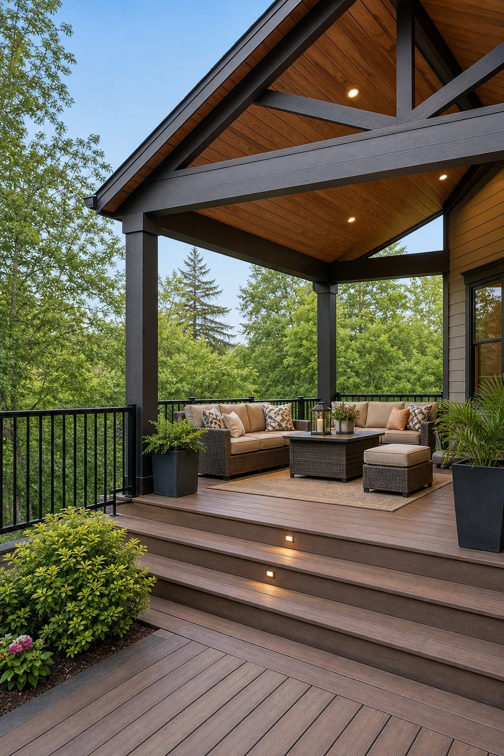 A covered outdoor deck with seating and greenery under a roof on a sunny day.