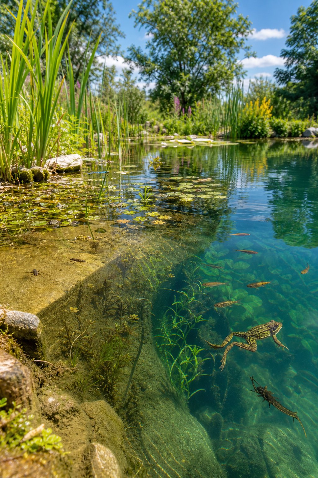 A wildlife pond with three distinct depth zones featuring aquatic plants, insects, and small animals surrounded by natural vegetation.