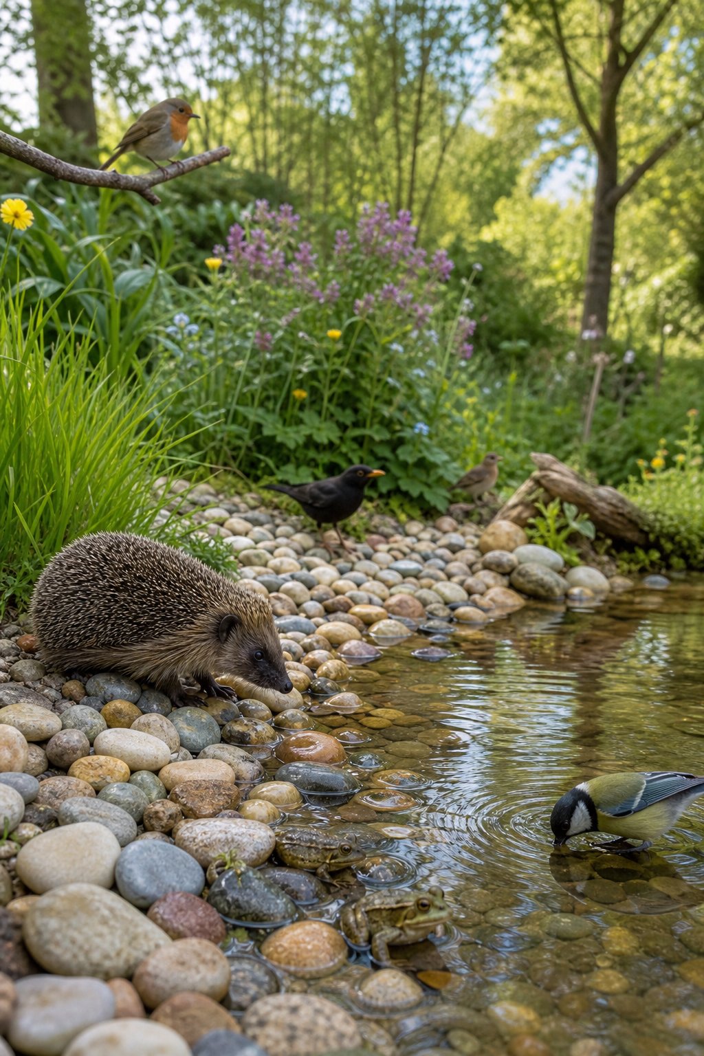 A pebble beach pond edge with frogs on the stones, a hedgehog nearby, and birds around the water in a garden setting.