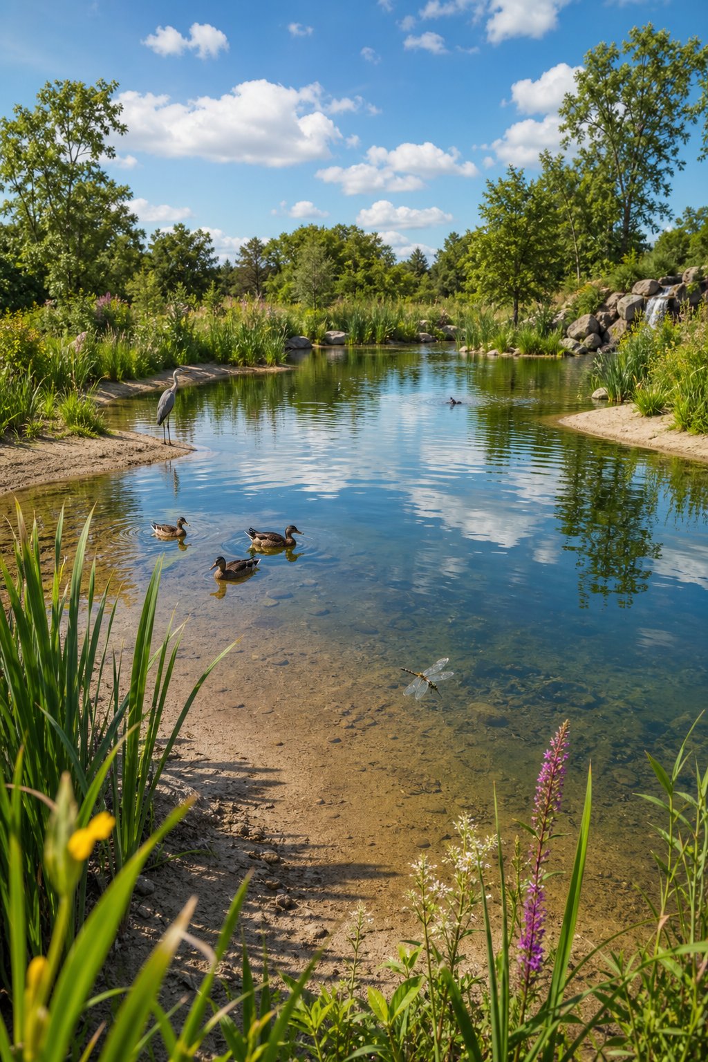 A large pond with curved, sloping sandy beaches surrounded by green plants and wildlife including ducks and herons.