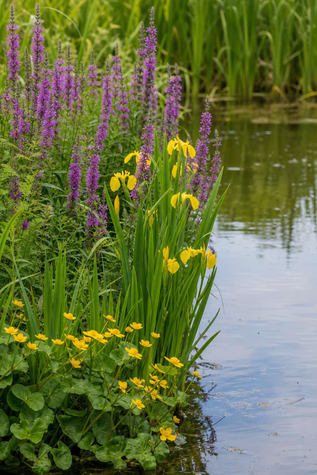 A pond edge with yellow flag iris, yellow marsh marigold, and purple loosestrife growing among reeds and grasses.