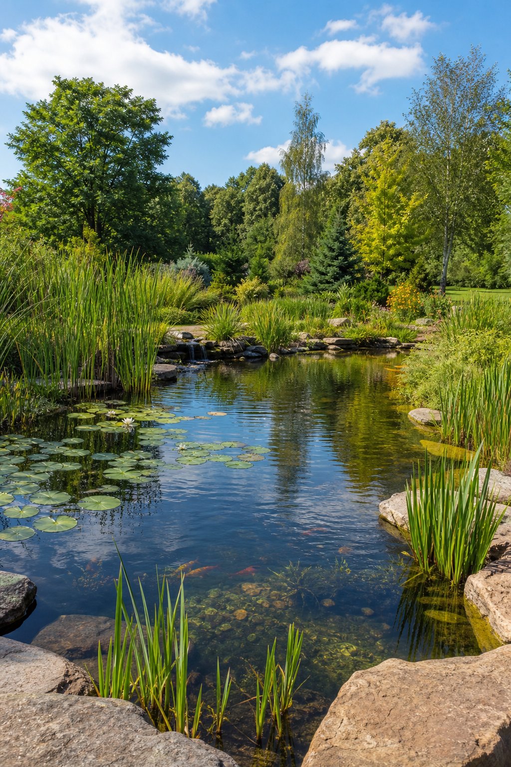 A large natural pond edged with stones and surrounded by native wetland plants under a partly cloudy sky.