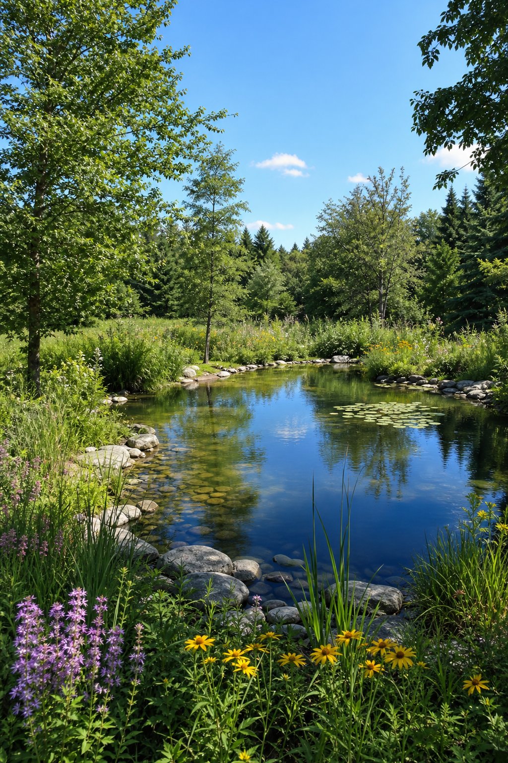 A kidney-shaped pond with curved natural shorelines surrounded by green plants and trees under a clear sky.