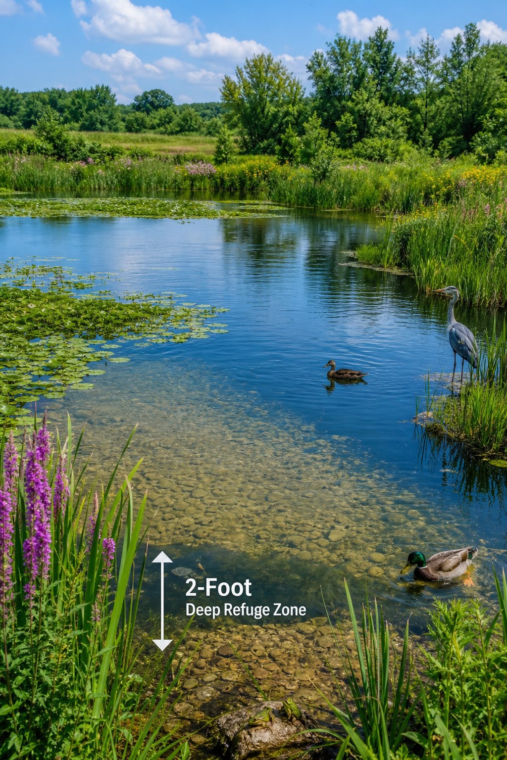 A large wildlife pond with clear water, surrounded by green plants and wildlife including birds and insects near the water's edge.