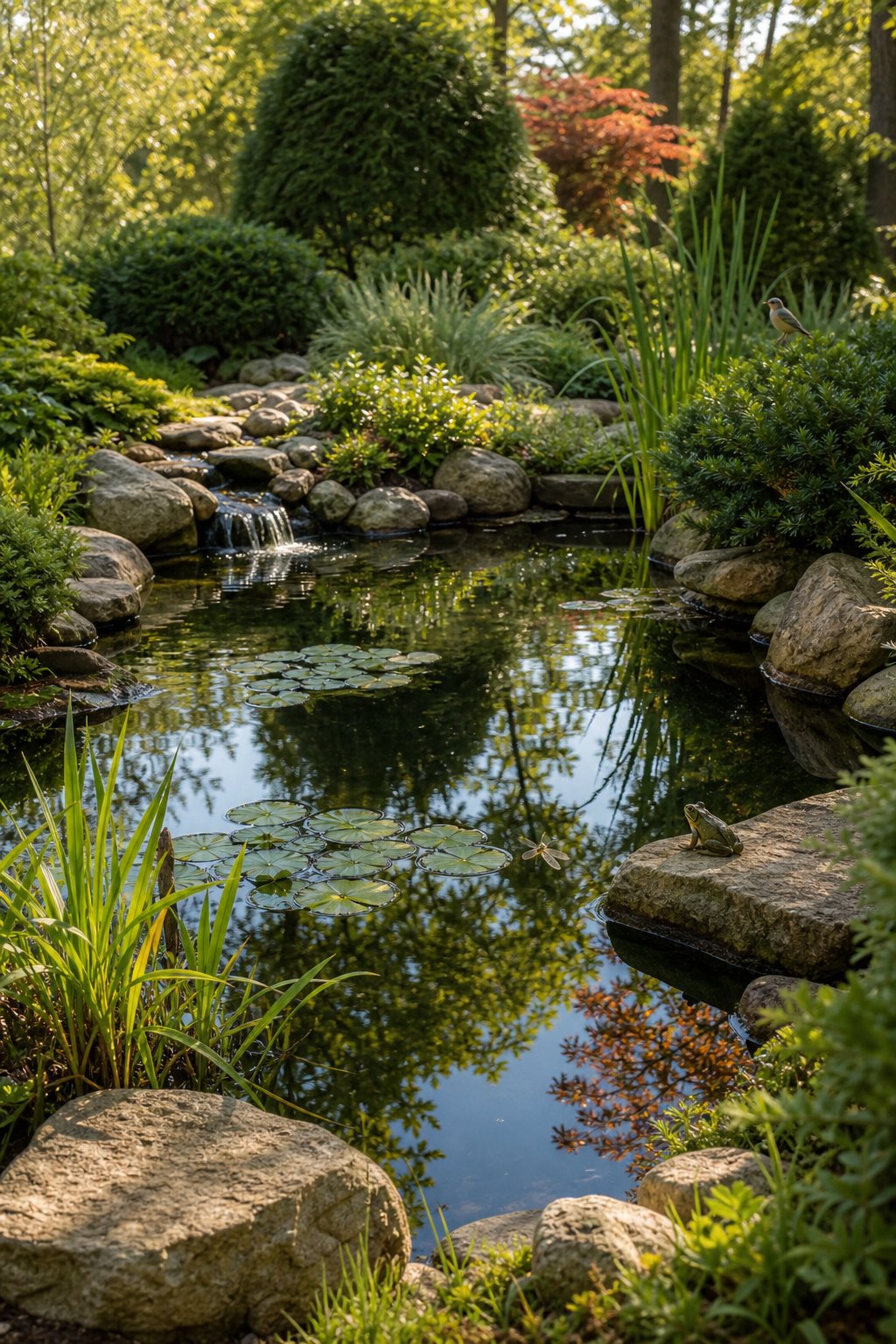 A tranquil garden pond in partial sunlight surrounded by green plants and trees with clear water reflecting the sky and small wildlife nearby.