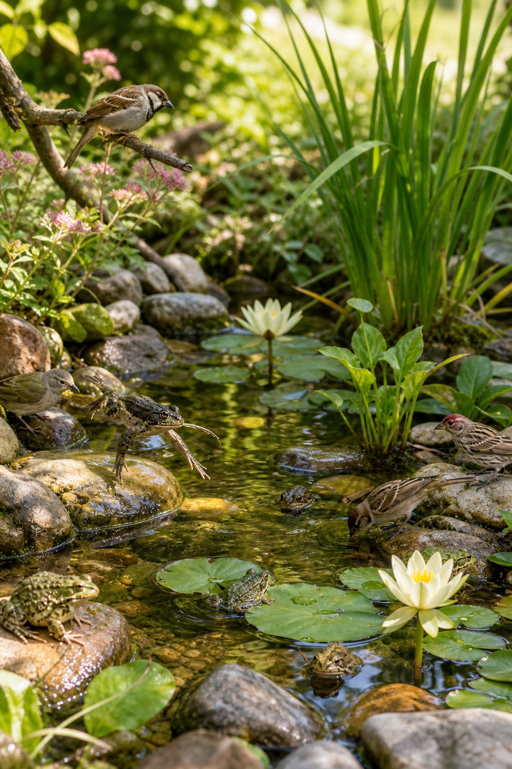 A shallow pond with frogs and toads on rocks and lily pads, and small birds drinking at the water’s edge surrounded by green plants.