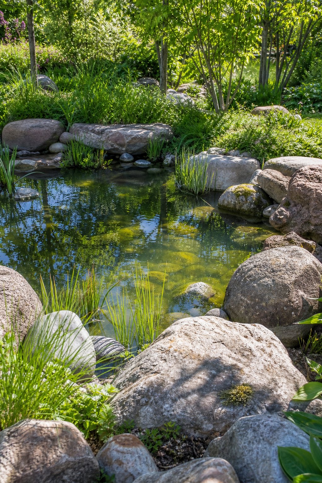 A natural pond bordered by large stones and boulders with gaps for animal shelter and access, surrounded by green plants and clear water.