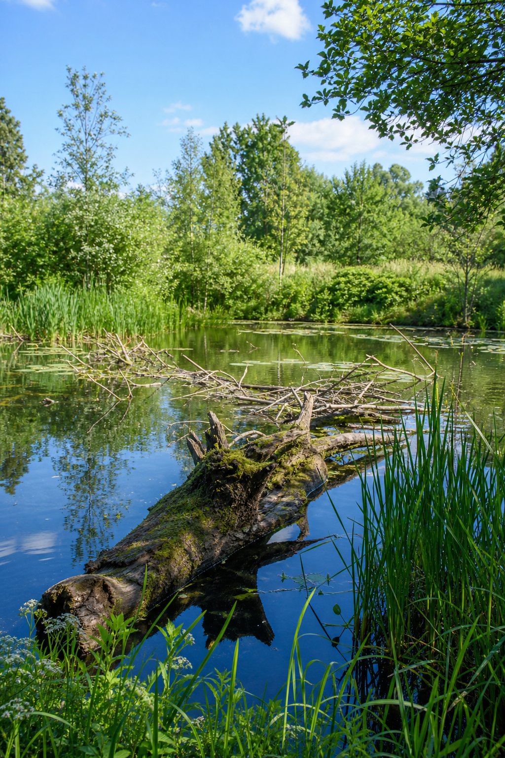 A peaceful pond with a half-submerged log and branches surrounded by green plants and calm water.