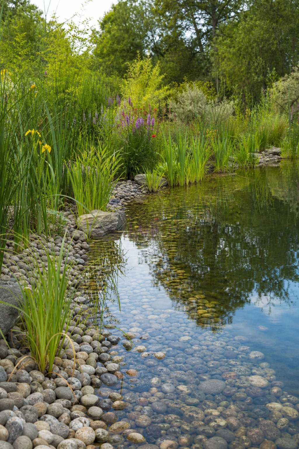 A large wildlife pond with clear water, a pebble-lined edge, and dense marsh plants growing along the shore.