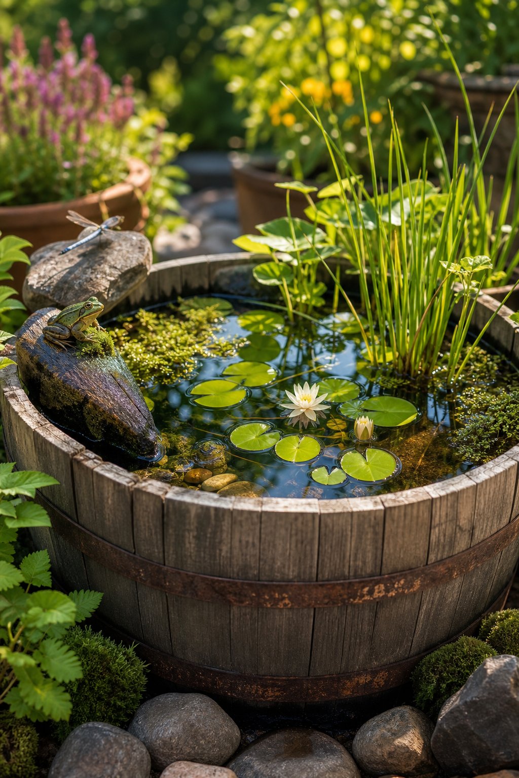 A small wildlife pond inside a half wine barrel surrounded by aquatic plants and garden greenery.