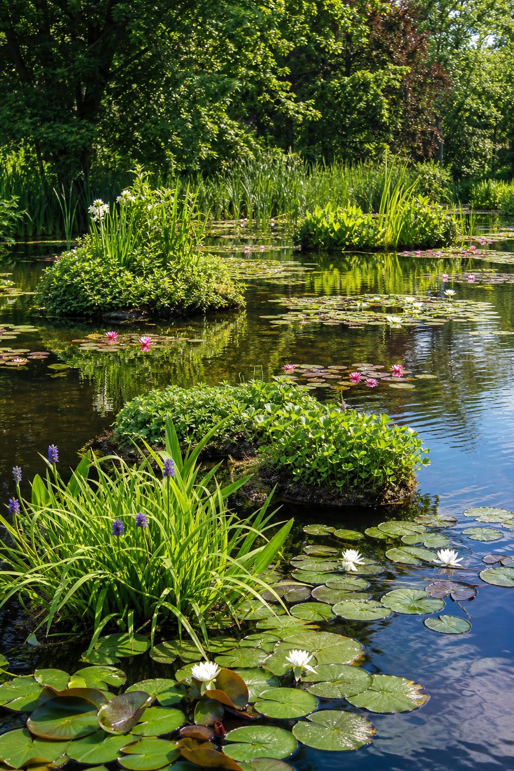 A large wildlife pond with floating plant islands and lily pads covering the water surface surrounded by green plants and trees.