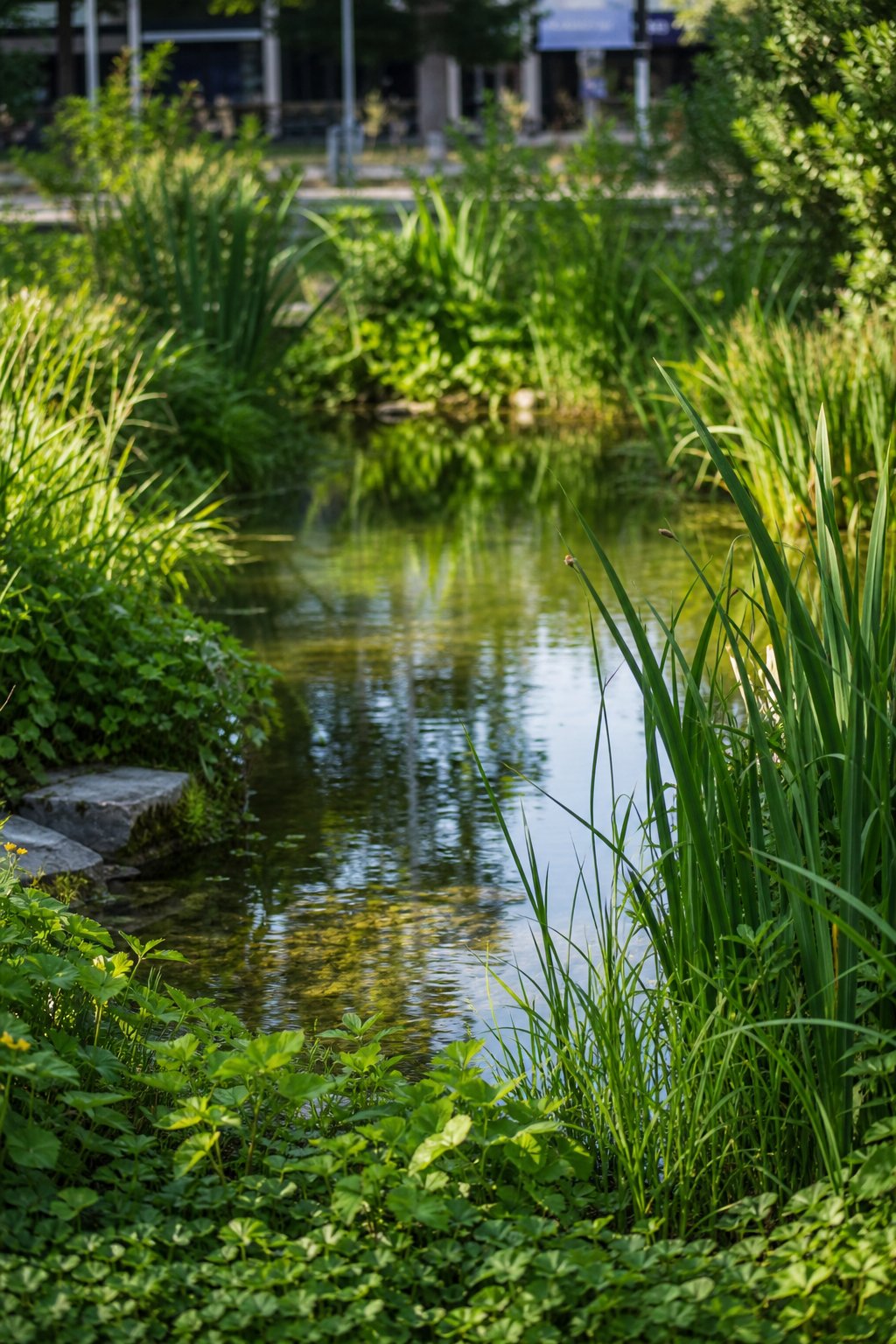 A small pond in an urban area surrounded by tall grass and low plants.