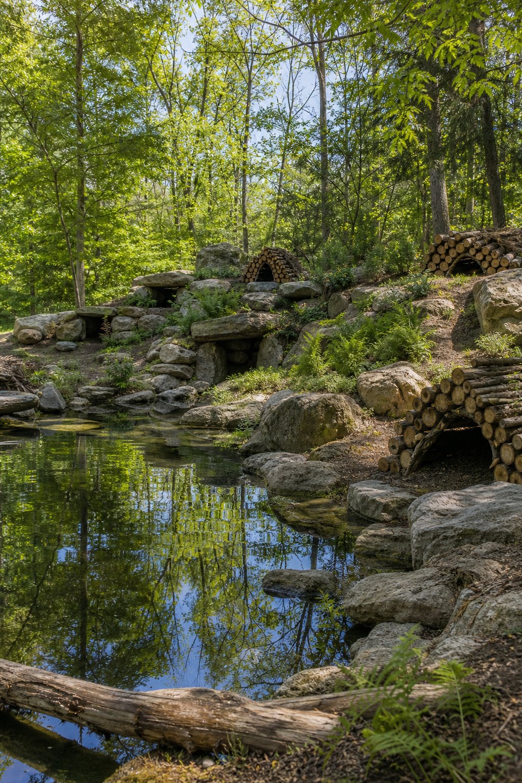 A calm pond surrounded by boulders and stacked logs with small hidden shelter spaces, set in a green forest.