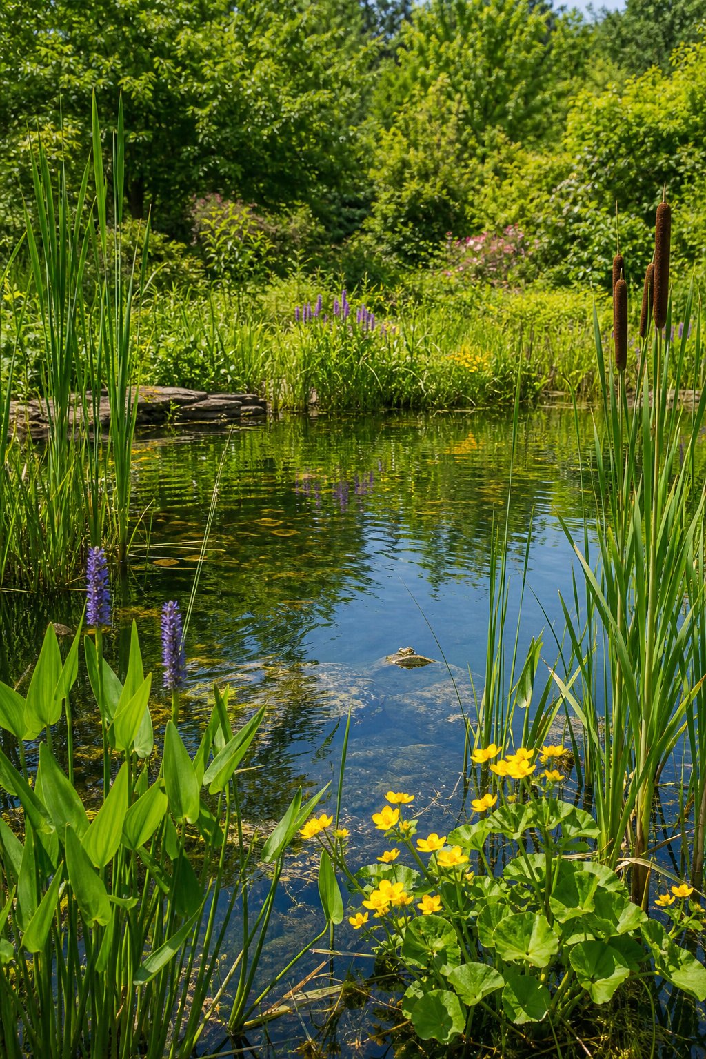 A peaceful pond surrounded by dense native wetland plants with clear water and small wildlife near the edges.