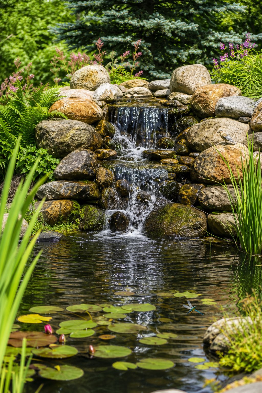 A backyard pond with a rock waterfall surrounded by green plants and flowers.