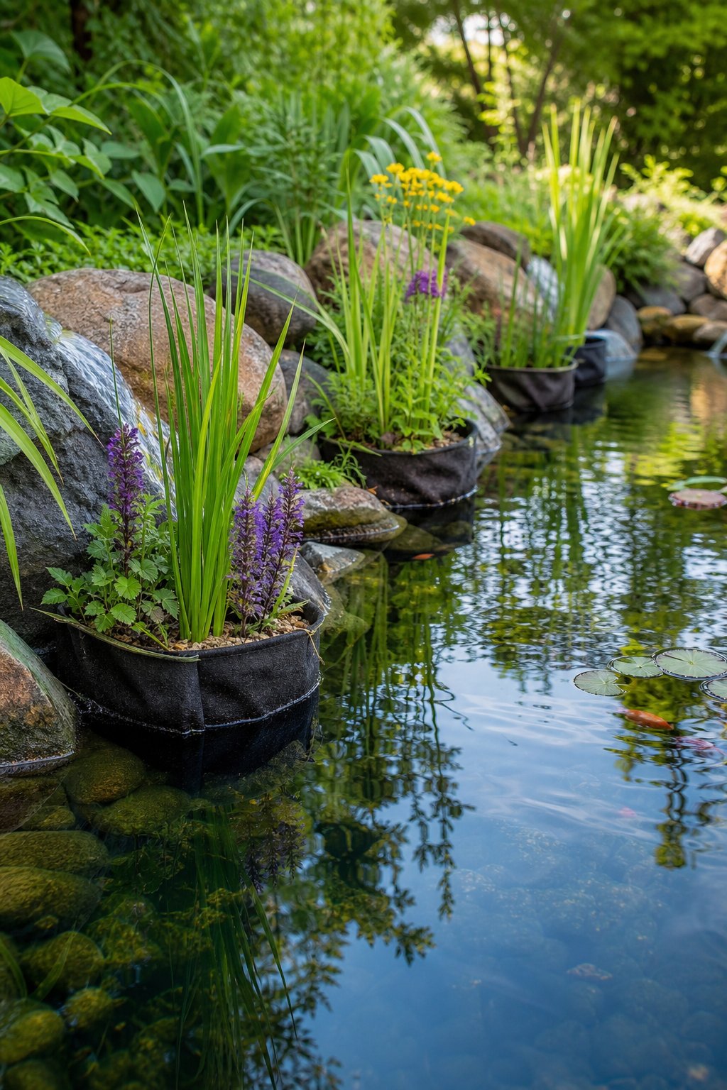 A peaceful pond with fabric plant baskets on shelves at the water's edge surrounded by green plants.