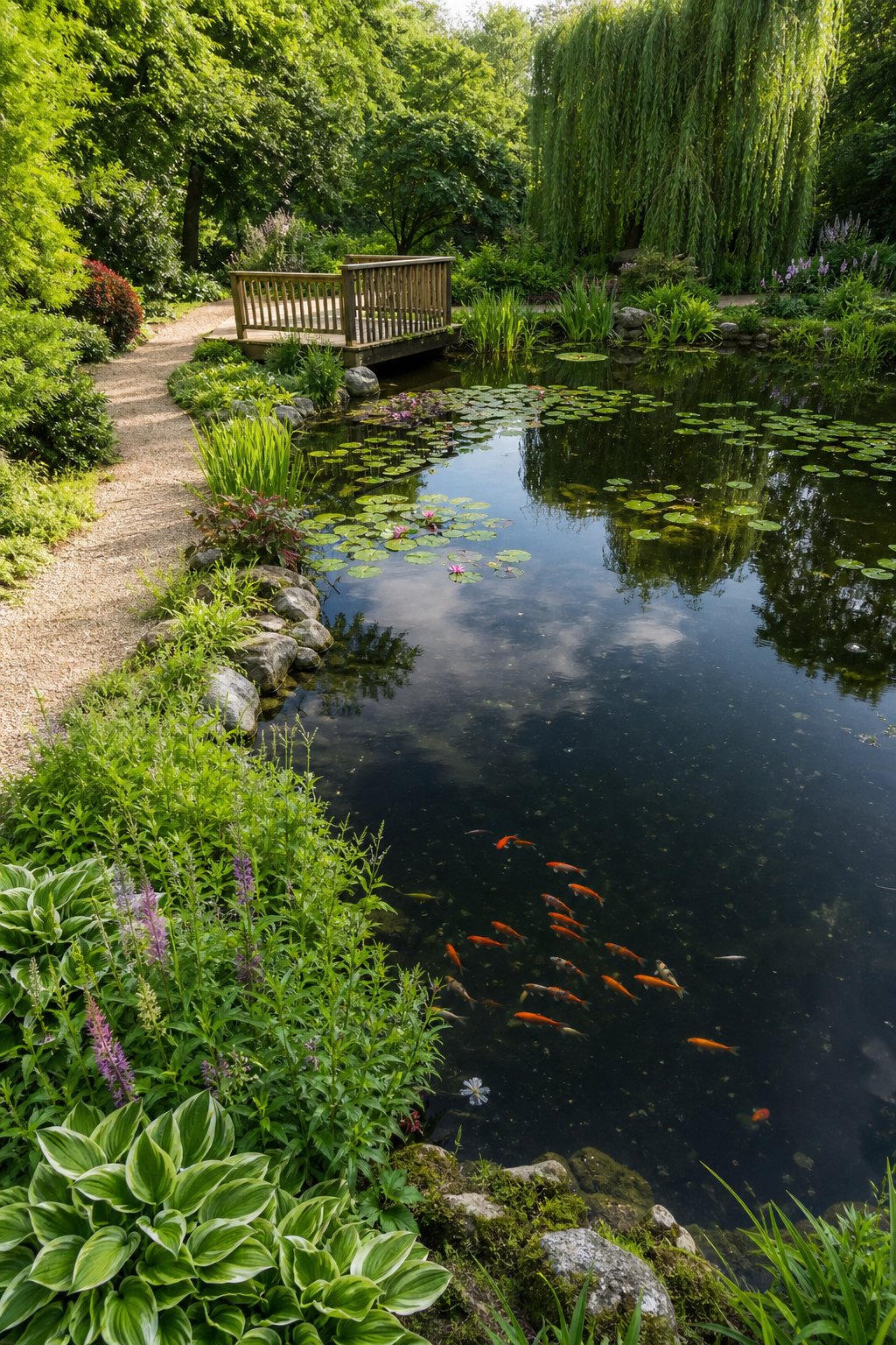 Large garden pond with clear water, surrounded by plants, a gravel path, and a wooden viewing deck.