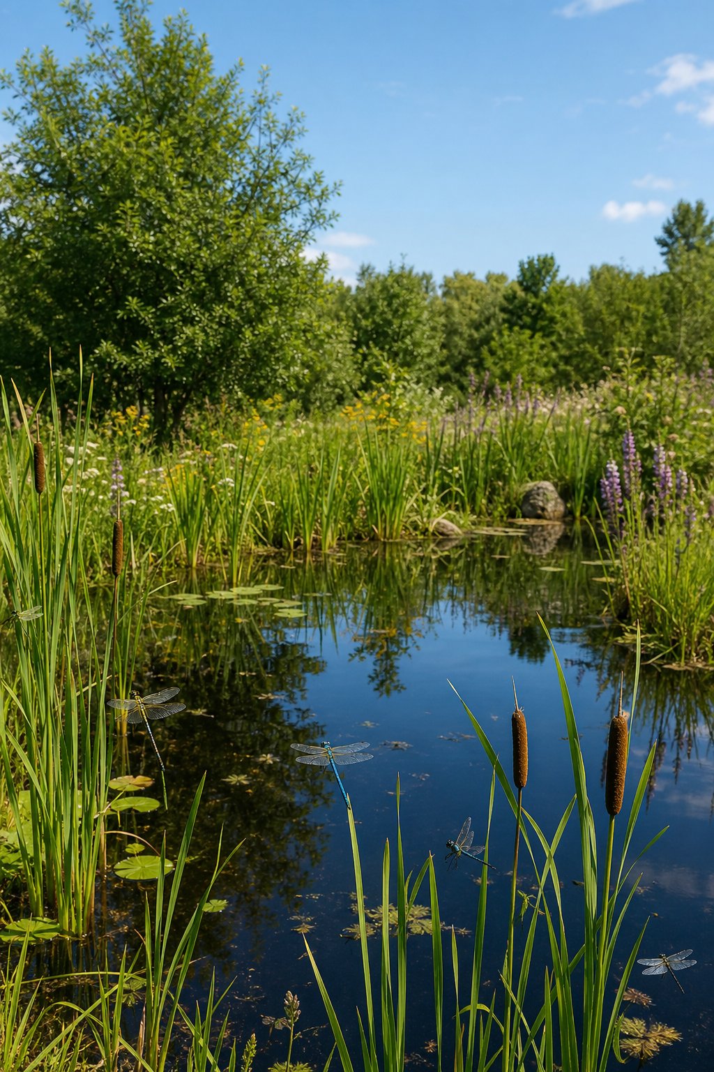 A peaceful pond with clear water, green aquatic plants, and dragonflies resting on reeds and cattails.