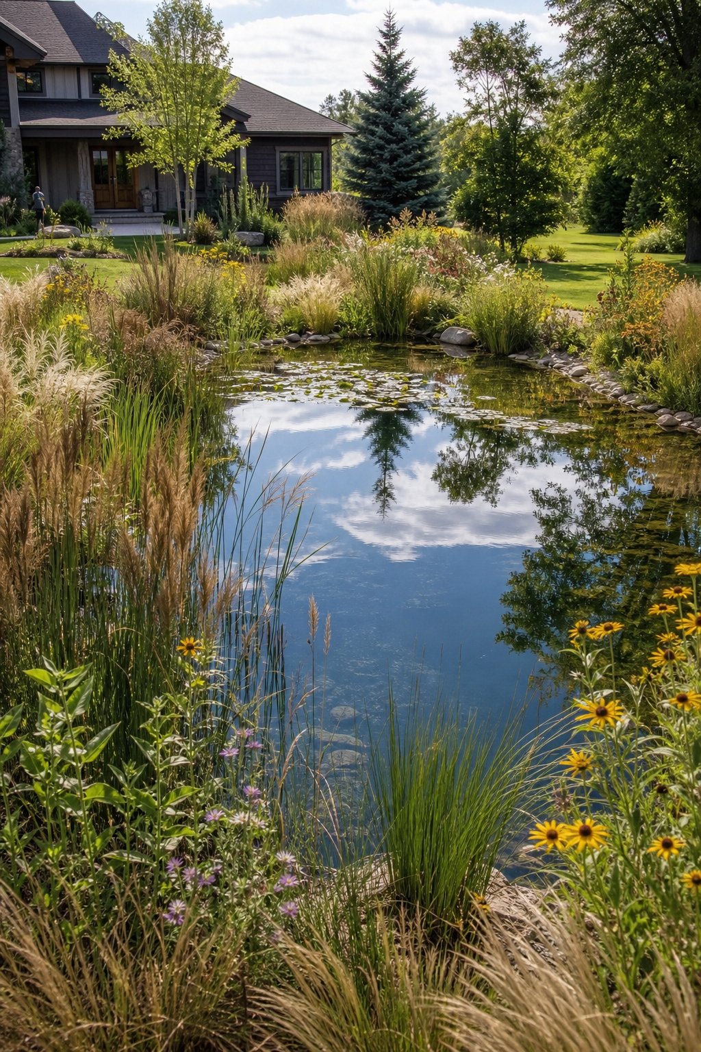 A large wildlife pond in a front yard surrounded by native meadow-style grasses and a green lawn.