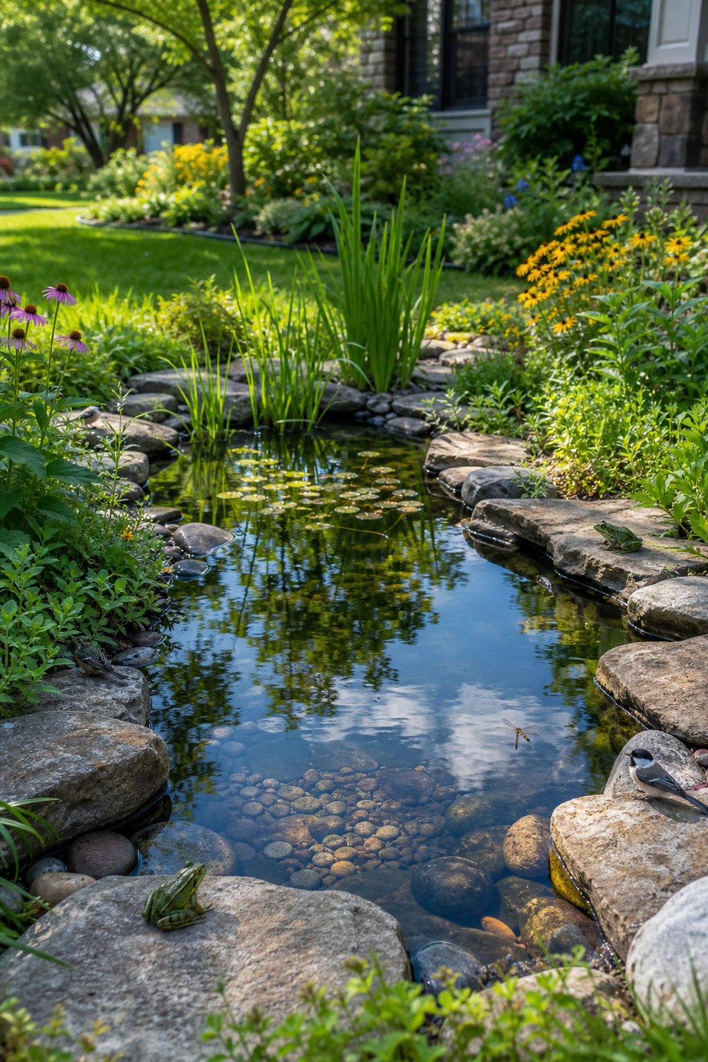 A front yard pond with natural stone edges surrounded by grass, plants, and small wildlife like birds and dragonflies.