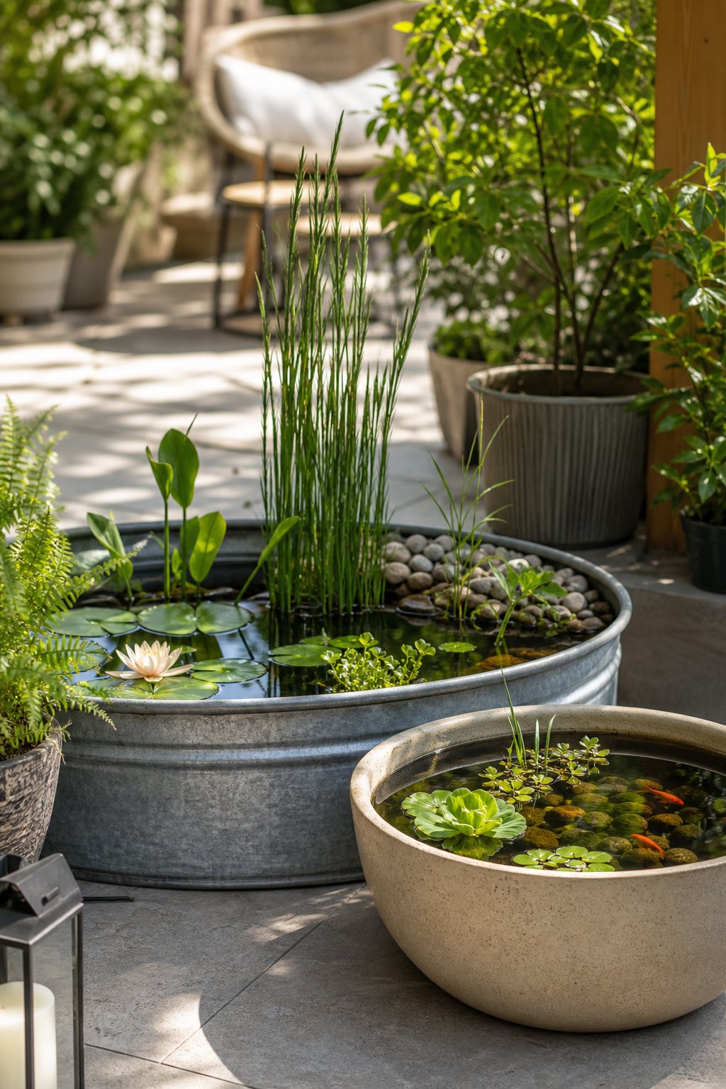 Two small container ponds on a patio, one in a galvanized trough and one in a ceramic bowl, surrounded by plants and garden decor.
