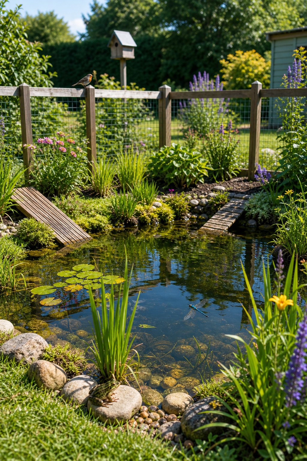 A fenced garden pond with plants and escape routes for wildlife, surrounded by grass and flowers.