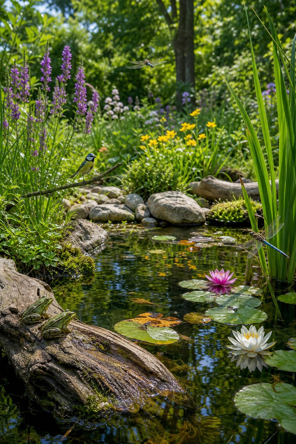 A clear wildlife pond surrounded by plants, rocks, and trees with frogs, dragonflies, and birds nearby.