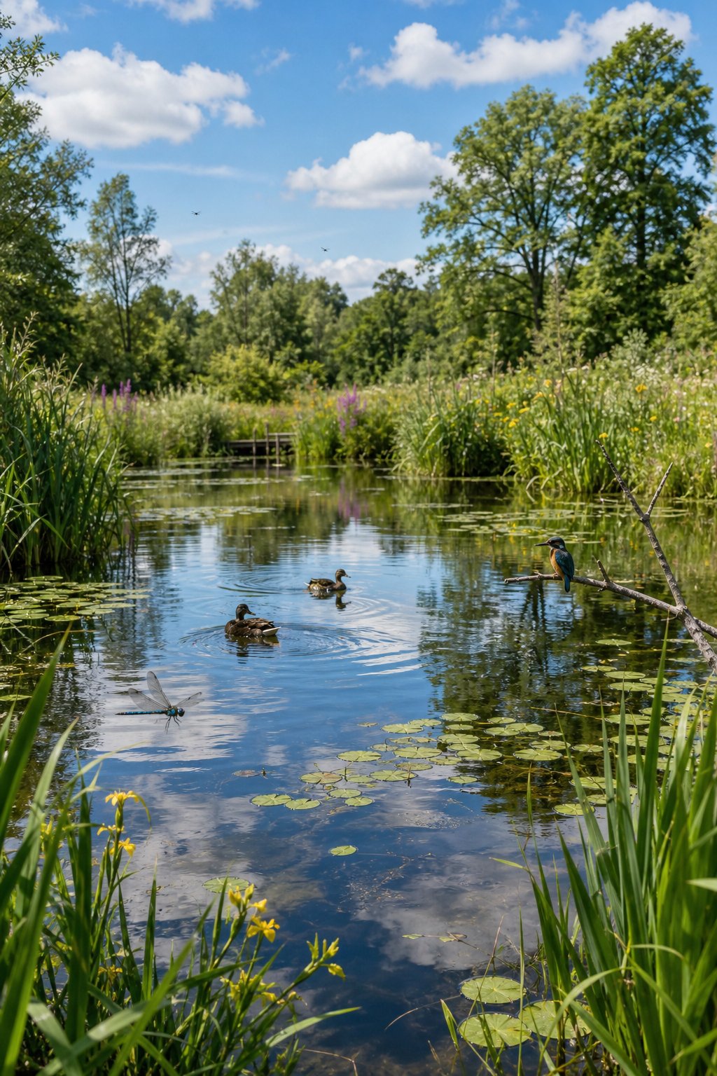 A large wildlife pond surrounded by trees, plants, and various animals like ducks and dragonflies in a natural outdoor setting.