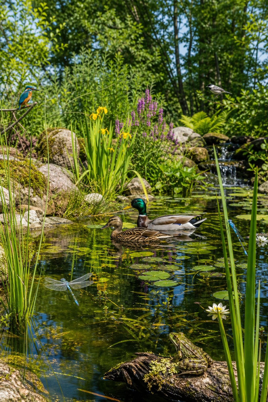 A peaceful wildlife pond with clear water, lily pads, reeds, ducks, frogs, dragonflies, and surrounding trees and shrubs.