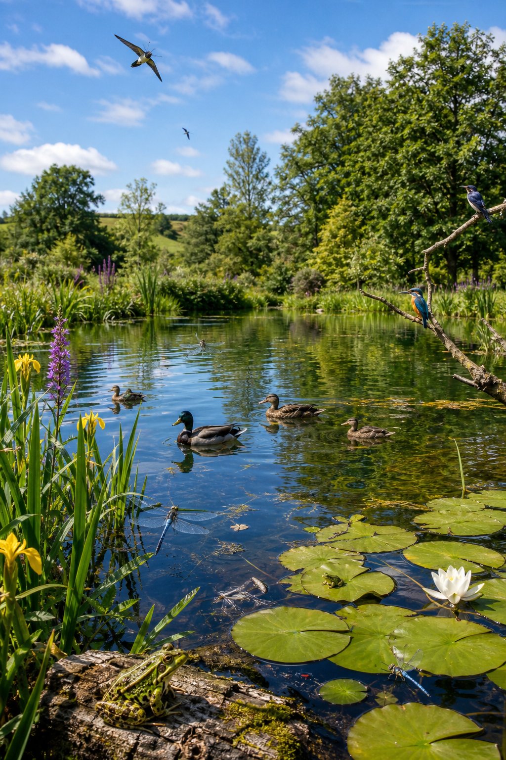 A large wildlife pond surrounded by plants and trees with ducks swimming and birds perched nearby.